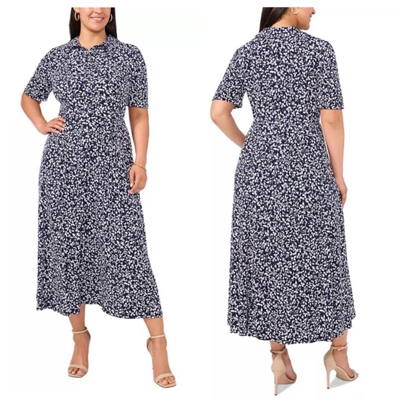 Plus Size Printed Button-Front Collared Maxi Dress - Picture 1 of 4
